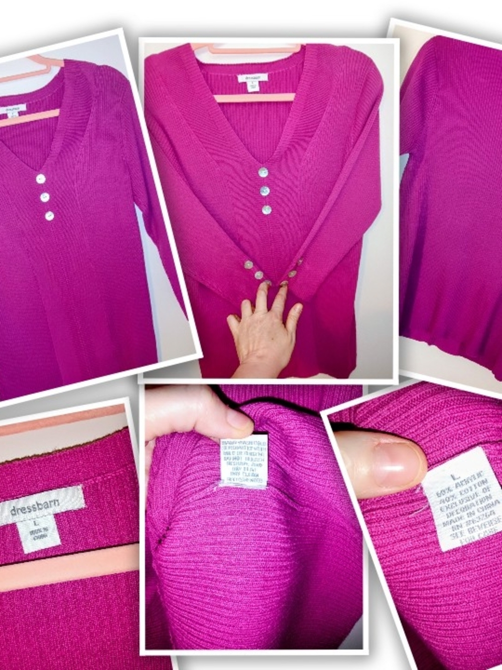 dressbarn Fuchsia V-Neck Button-Accent Sweater